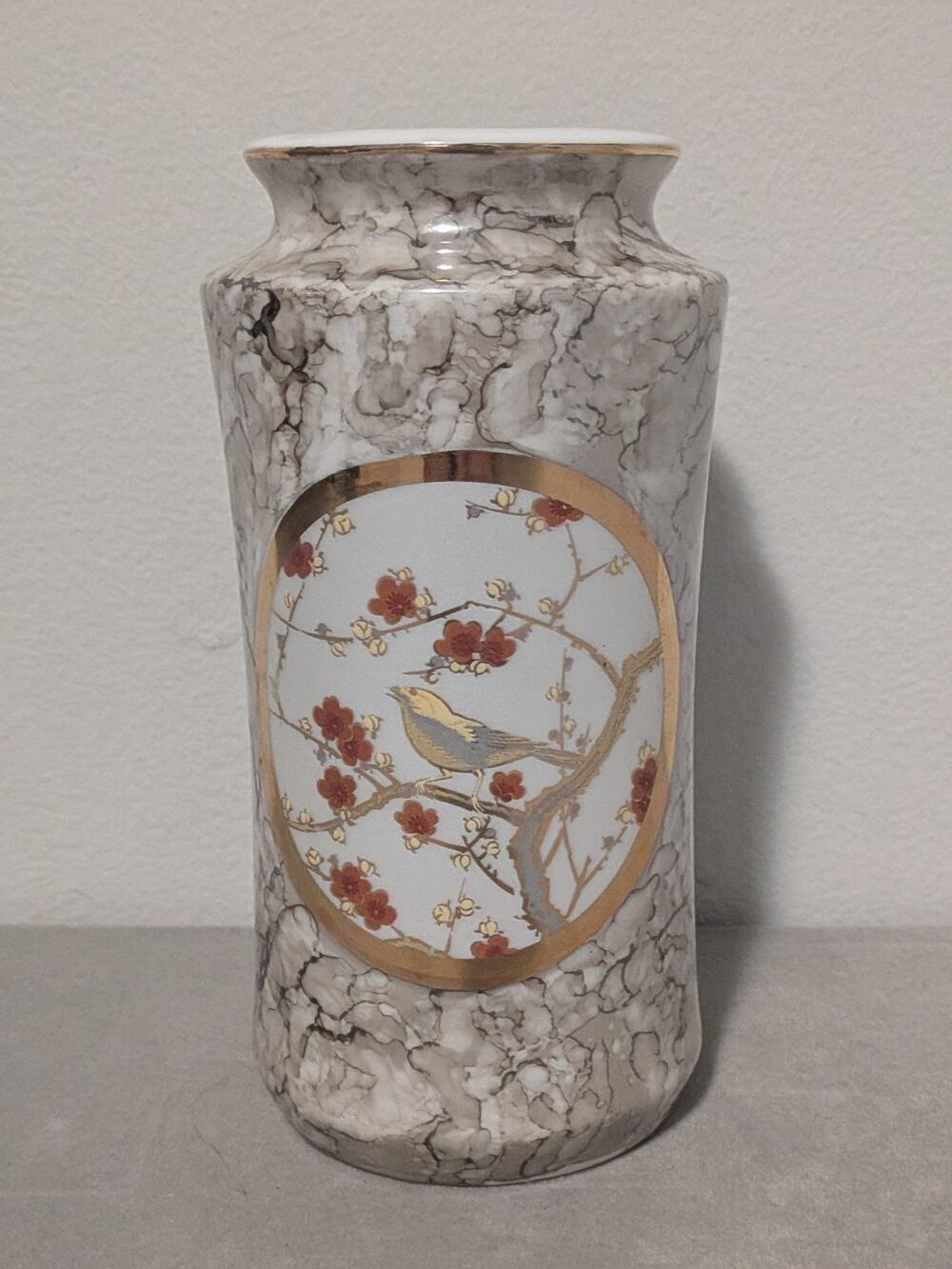 Vintage Art of Chokin Japanese Marbleized Vase Bird 24K Gold Trim 6"